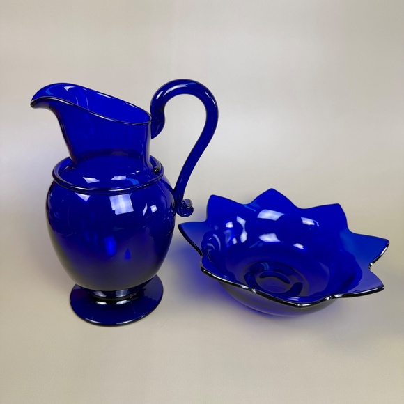 Vintage Cobalt Blue Glass Pitcher & Ruffled Bowl Set | Hand Blown Art Glass - Picture 10 of 16